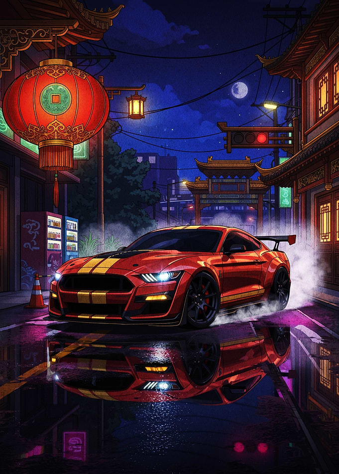 Red Sports Car Drifting in Chinatown