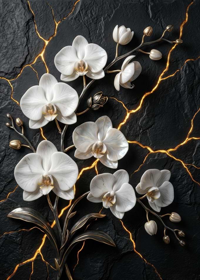 White Orchids on Cracked Black Background