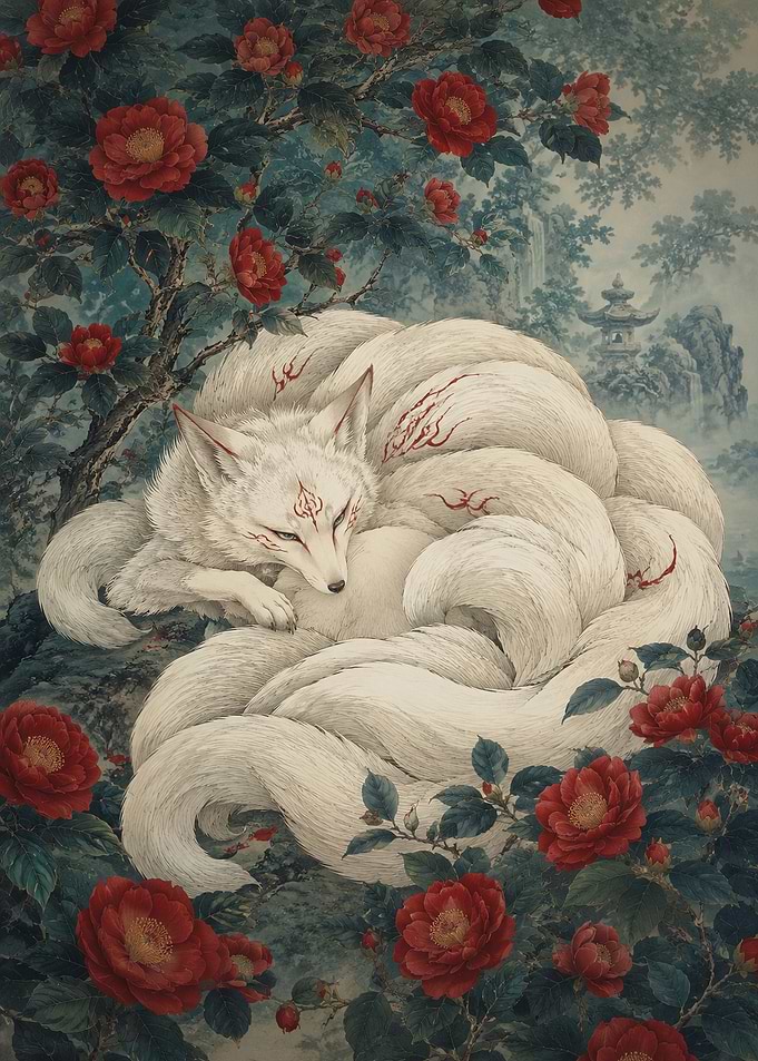 Nine-Tailed Fox Sleeping Among Flowers