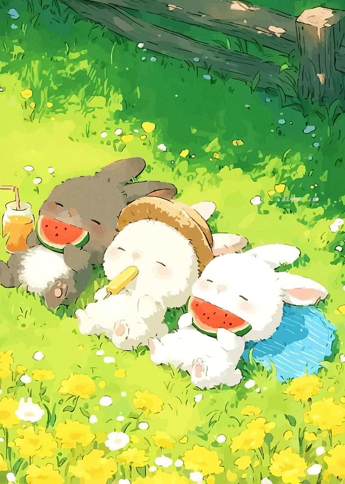 Cute bunnies enjoying watermelon and juice