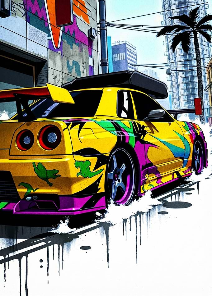 Graffiti-Wrapped Sports Car Drifting