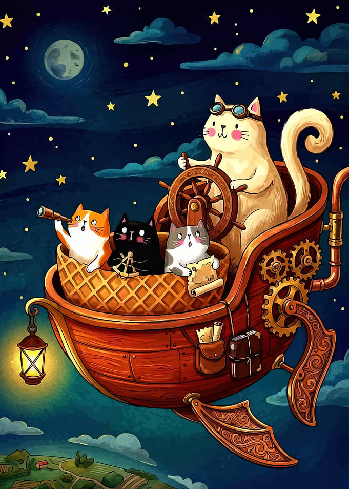 Steampunk Cats Flying in a Night Sky