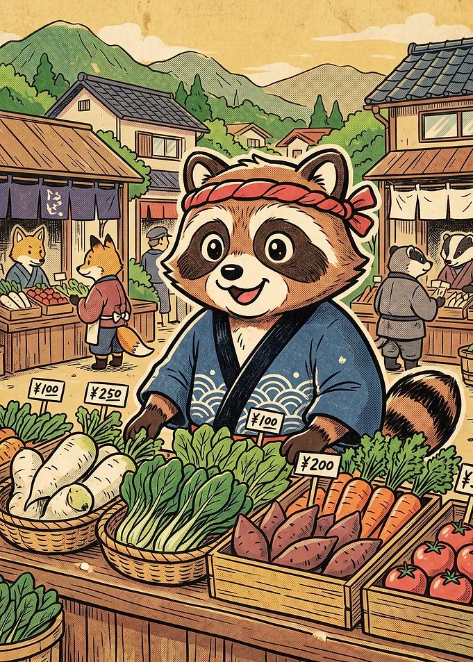 Raccoon Vendor at a Japanese Market