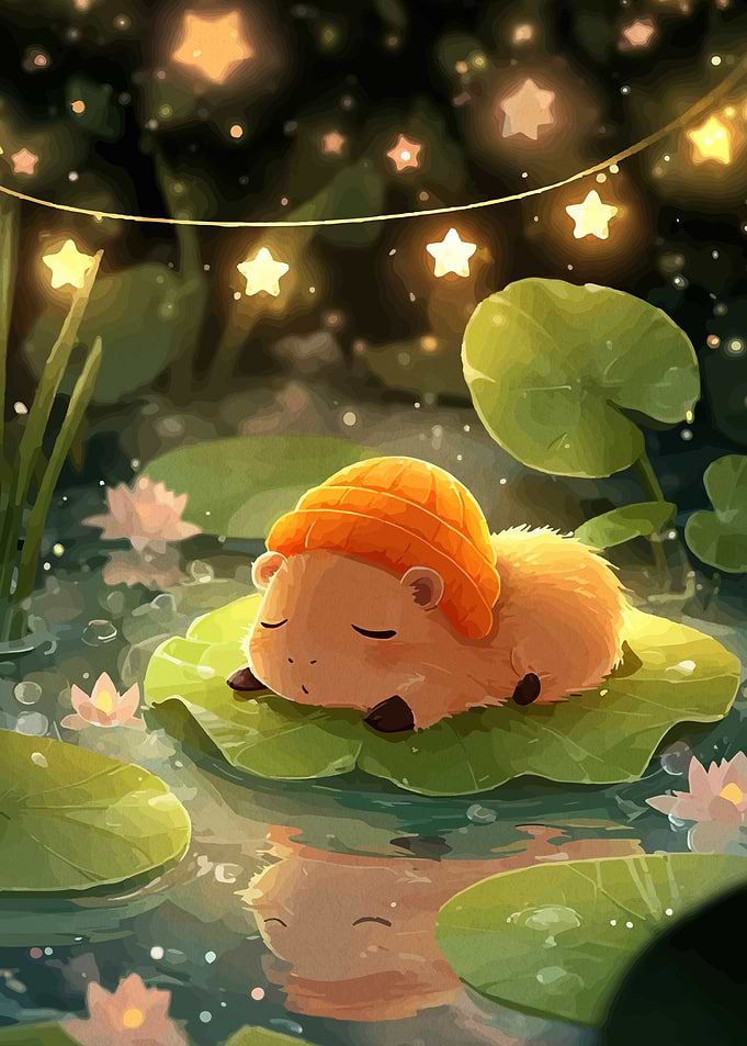 Cute Capybara Sleeping on Lily Pad