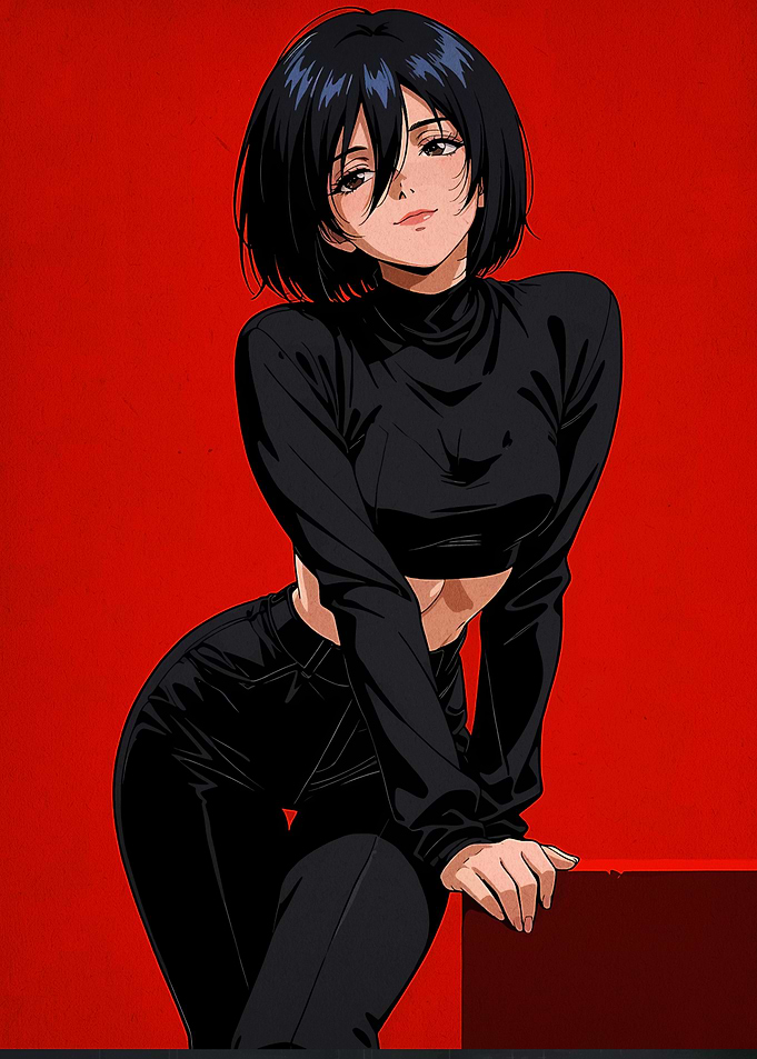 Anime Girl in Black Outfit on Red Background