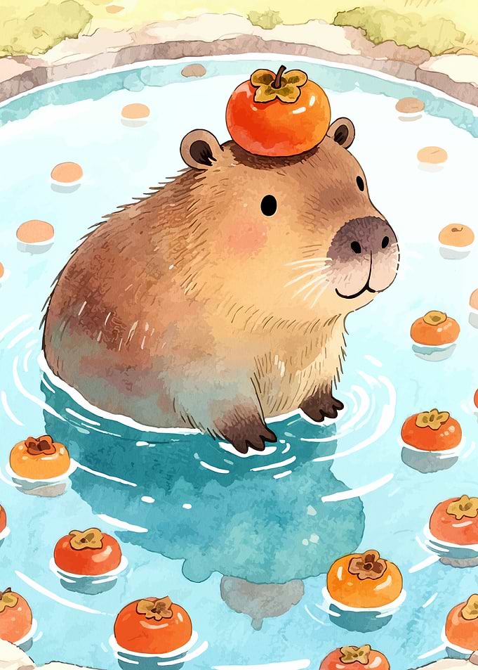 Capybara with Persimmon in Hot Spring