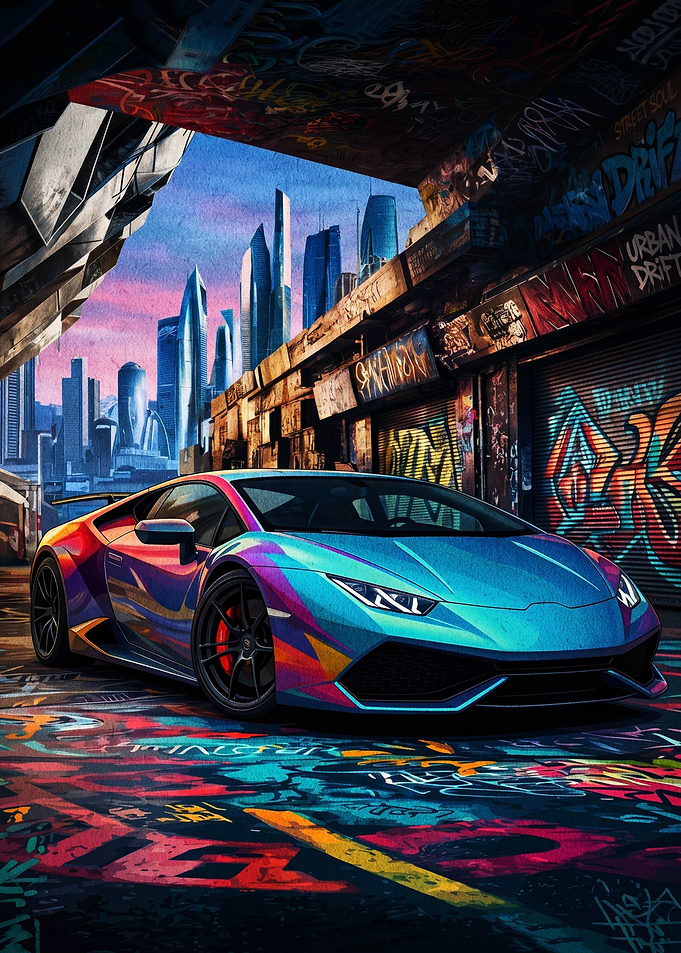 Graffiti Lamborghini in Urban Cityscape