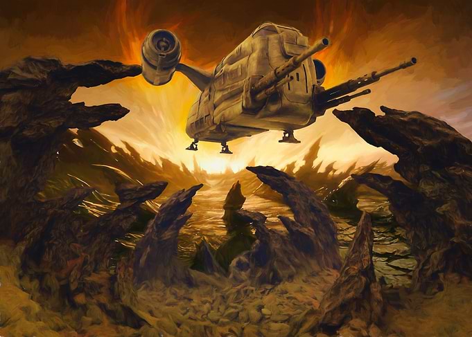 Spaceship flying over alien landscape