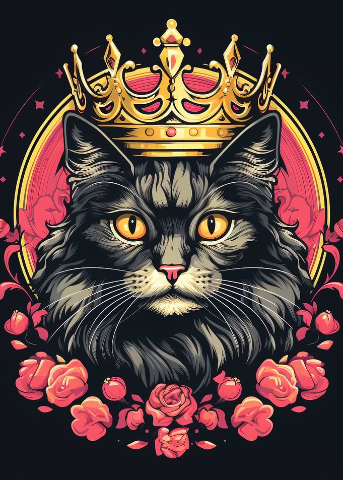 Regal Cat with Crown and Roses
