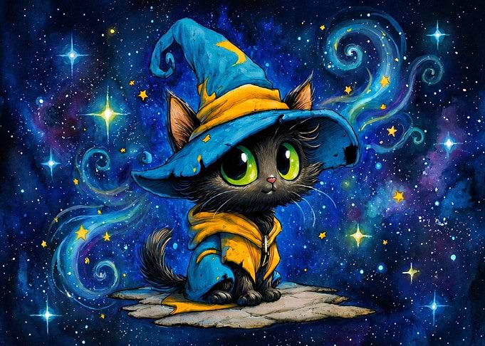 Cute Black Cat Wizard in Space