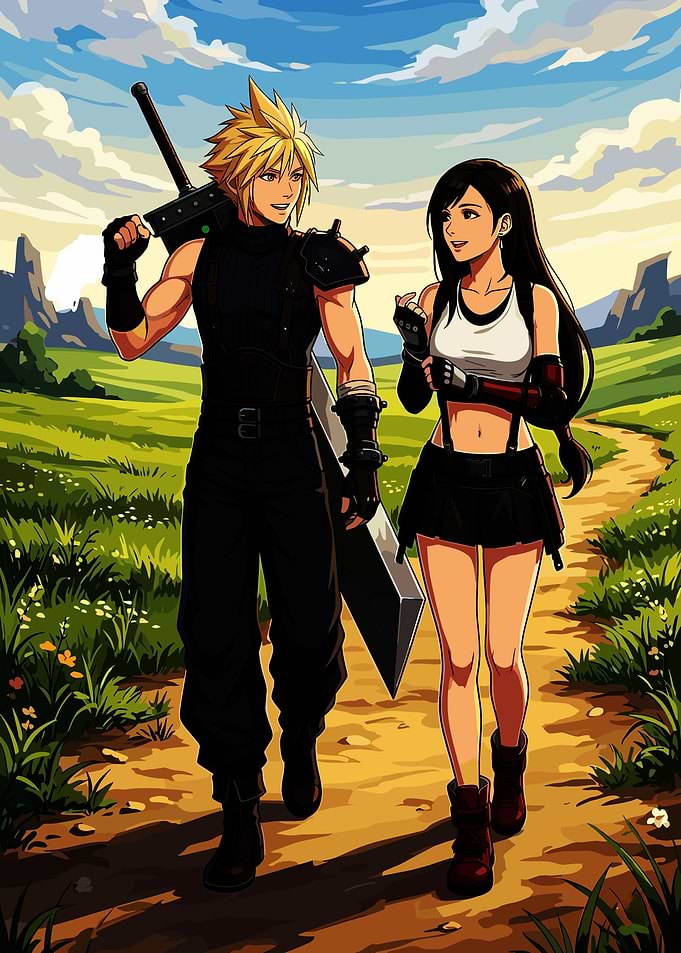 Cloud and Tifa walking in a field