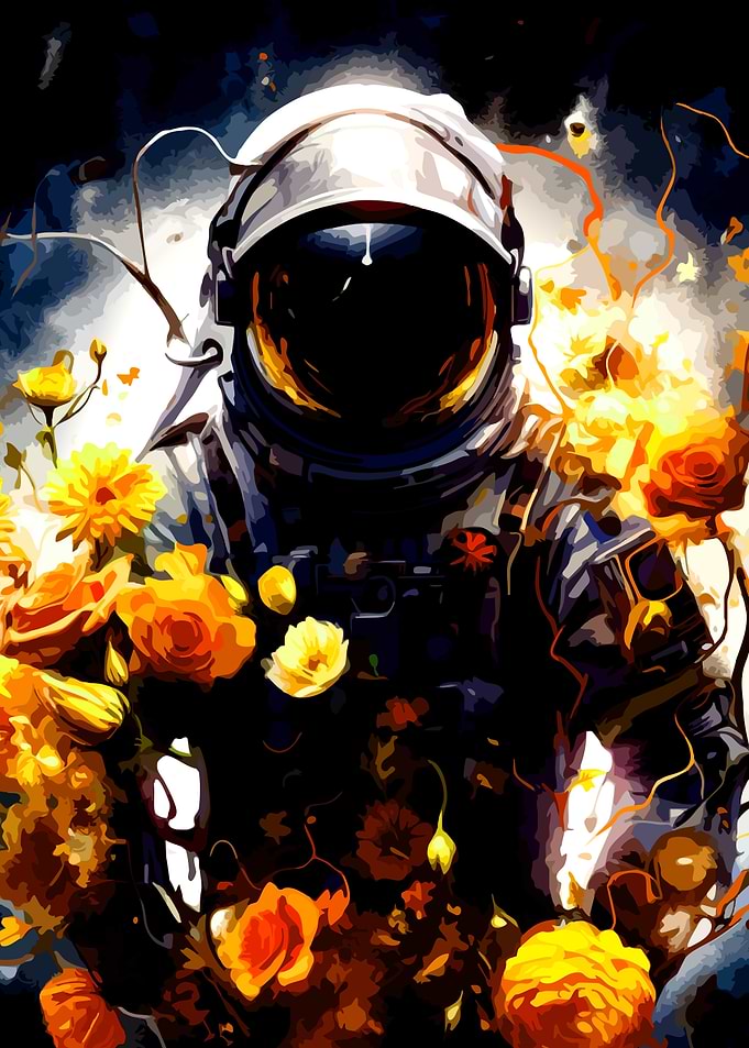 Astronaut surrounded by flowers