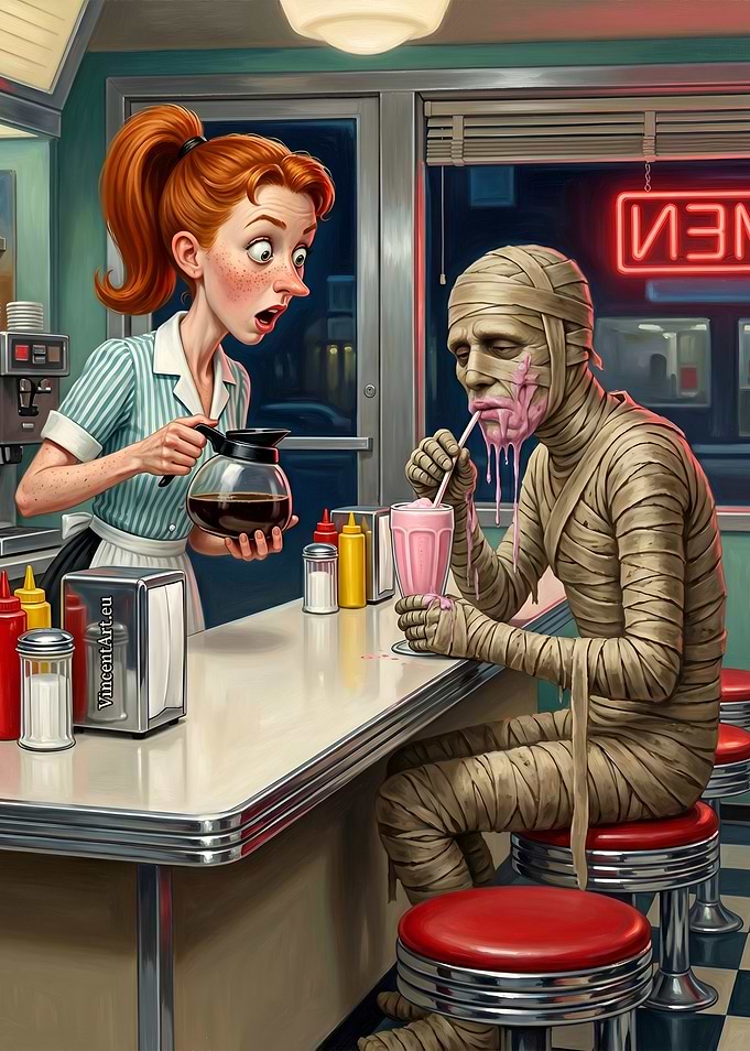 Mummy drinks milkshake at diner