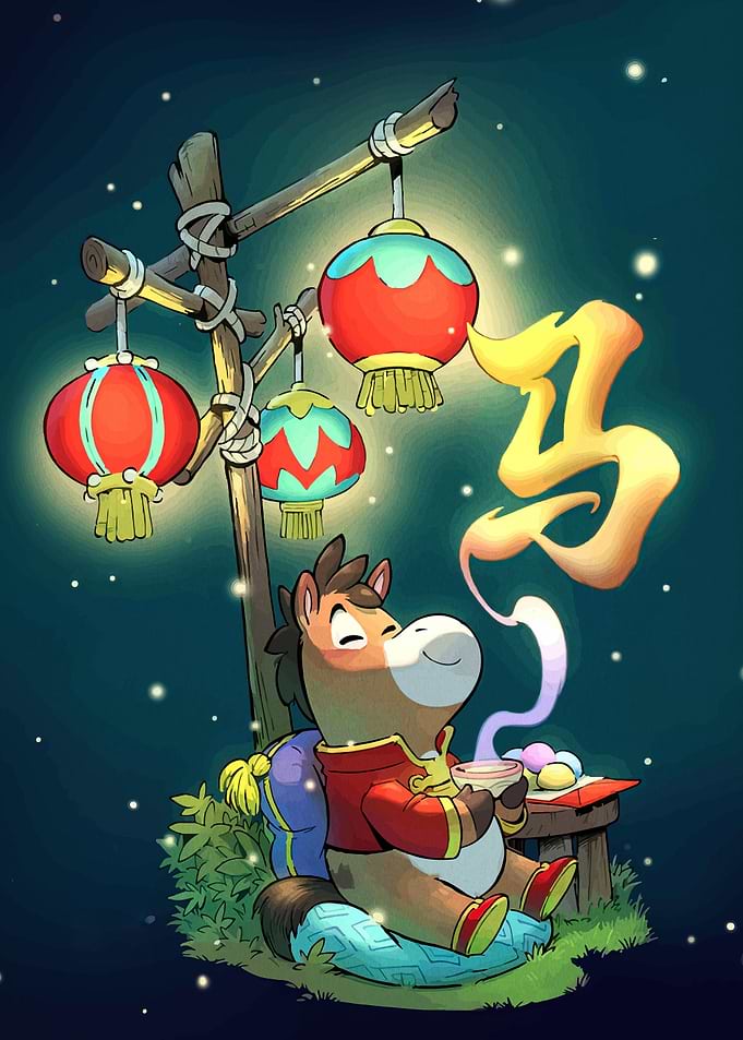 Horse Enjoying Tea Under Lanterns