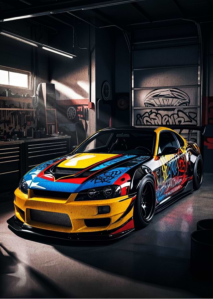 Graffiti-Wrapped Sports Car in Garage