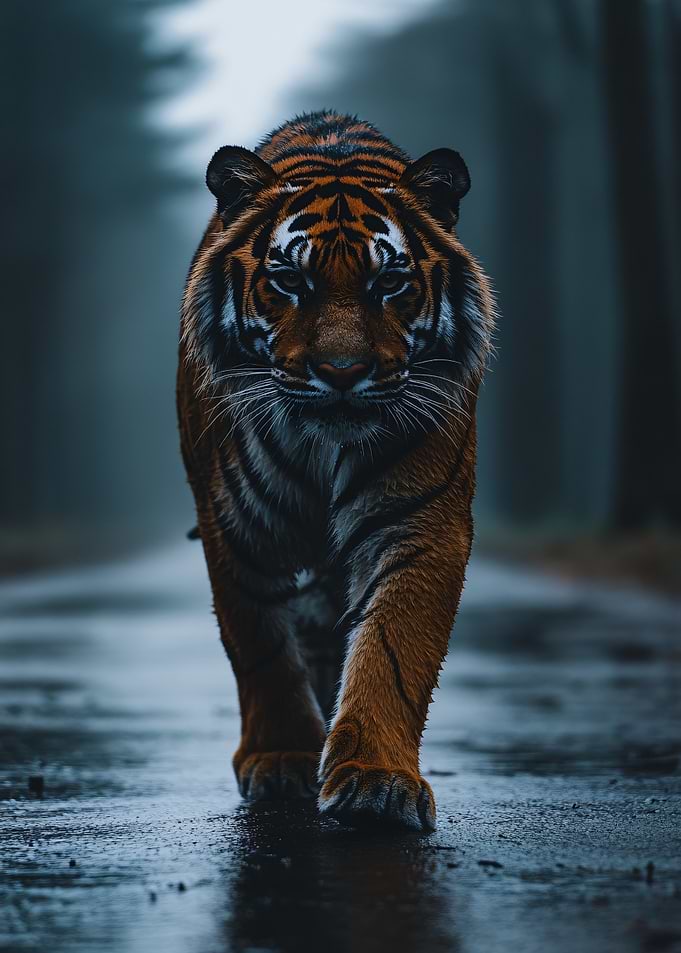 Tiger walking on a wet road