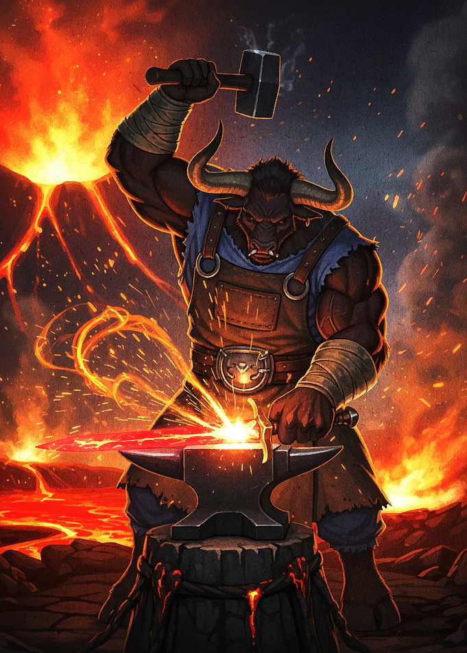 Minotaur Blacksmith Forging Weapon