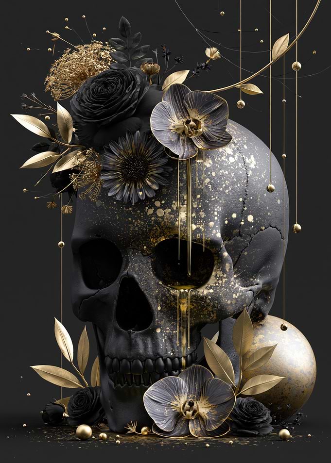 Gothic Skull with Gold Flowers