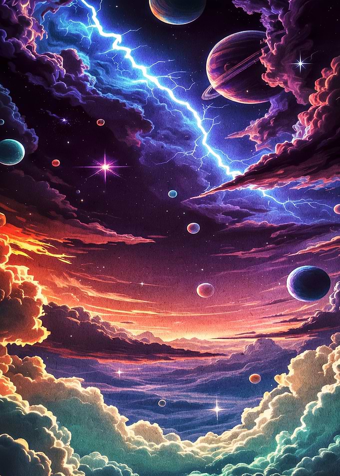 Cosmic Lightning Storm with Planets