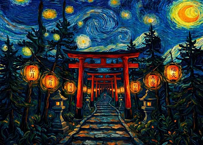 Japanese Torii Gates Under Starry Night Sky