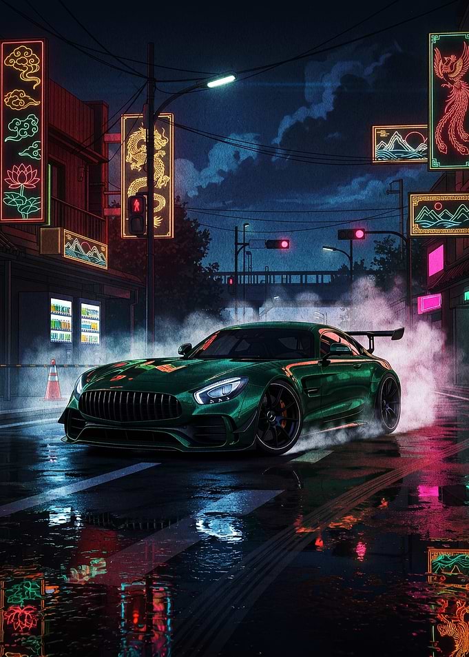 Drifting Green Sports Car in Neon City