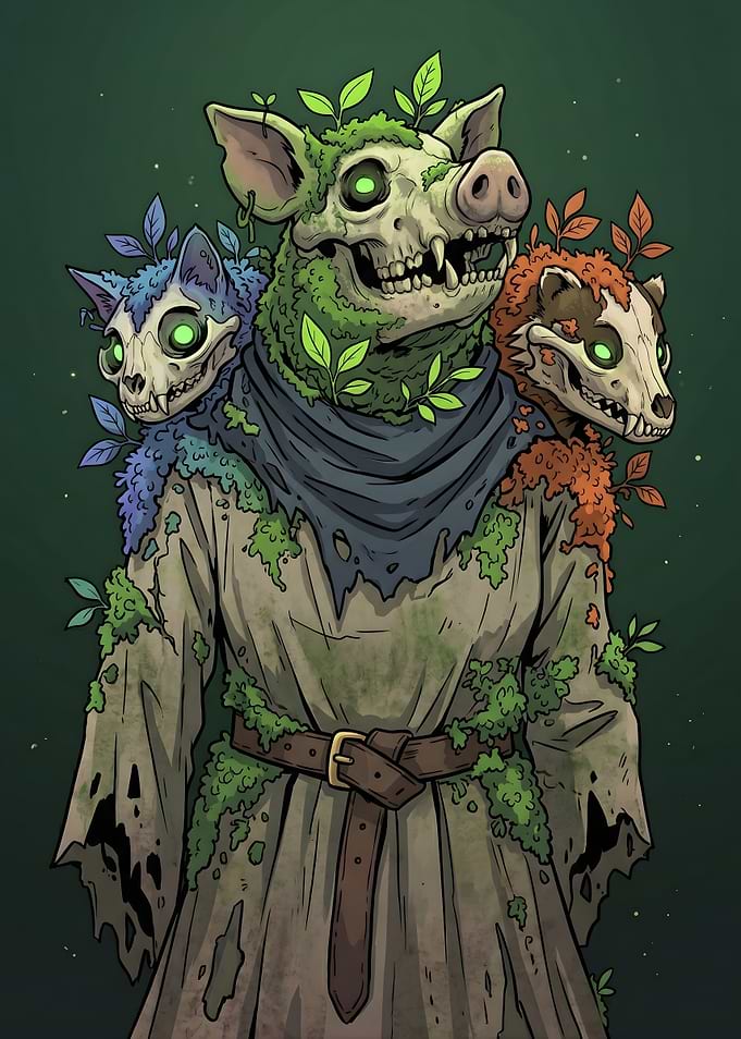 Three-Headed Skull Creature with Plants