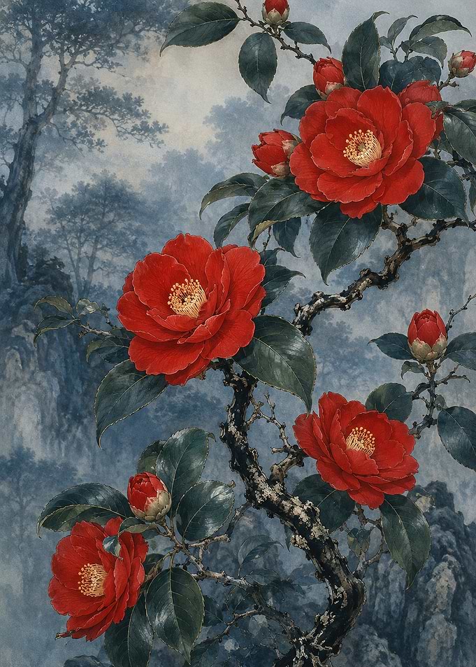 Red Camellias in Misty Landscape