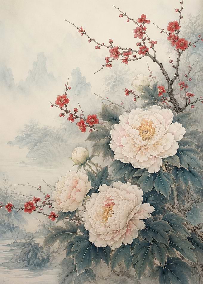 Peonies and Plum Blossoms in Misty Mountains
