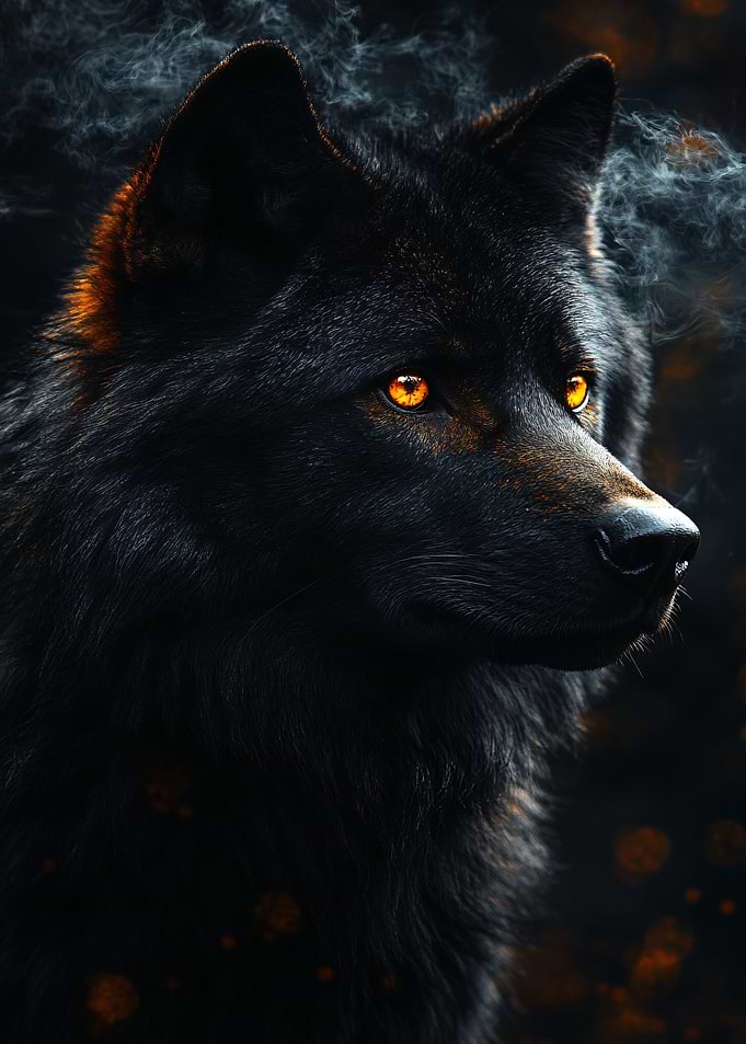 Black wolf with glowing orange eyes