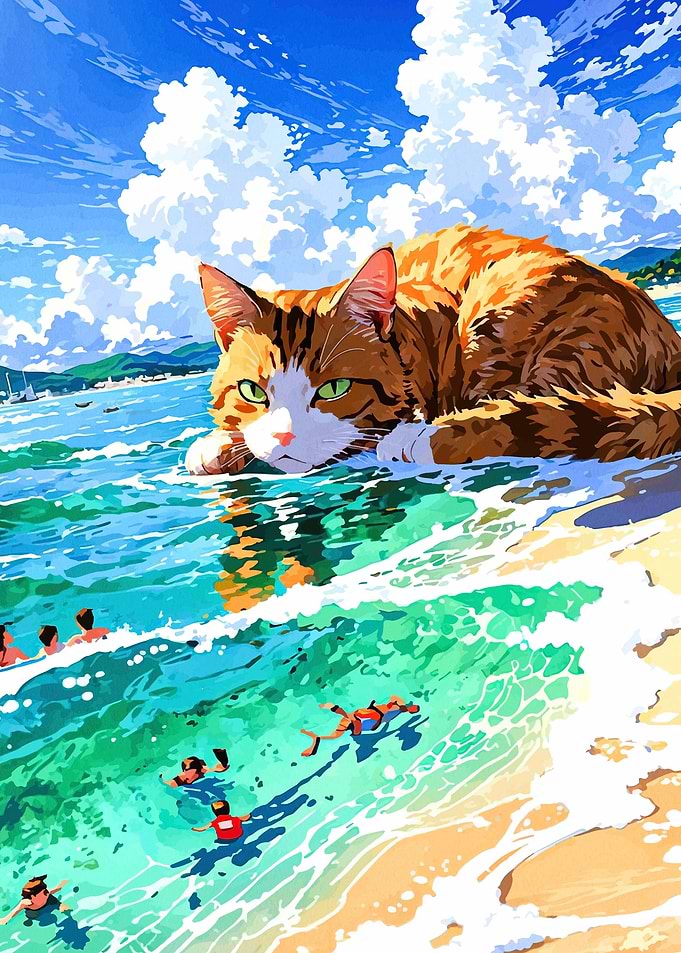 Giant Cat Overlooking Beachgoers