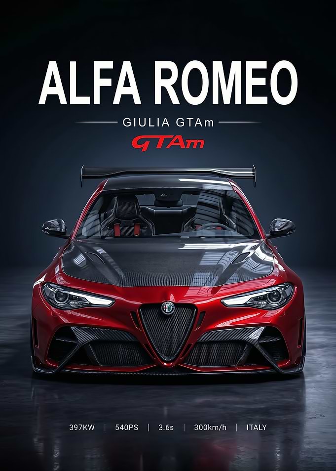 sleek red Alfa Romeo Giulia GTAm car poster
