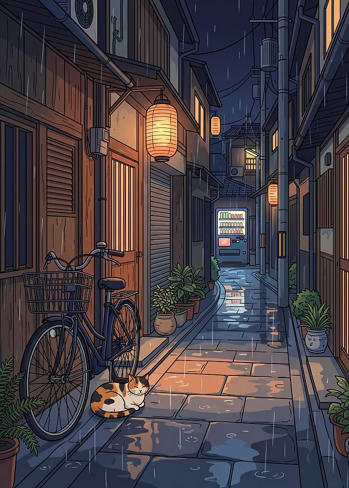 Rainy Alley with Cat and Bicycle