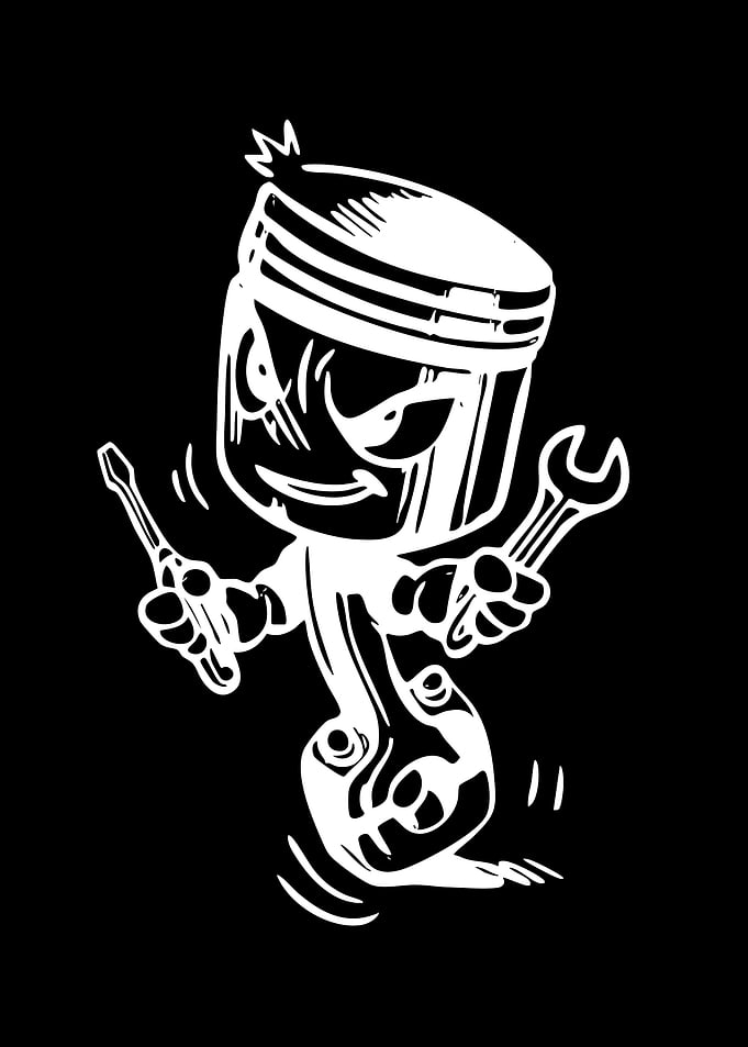 Cartoon Piston Character with Tools