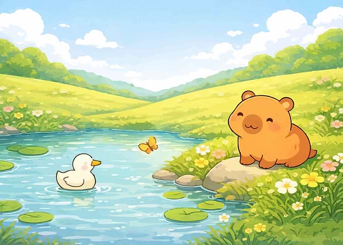Cute Bear and Duck by a Pond