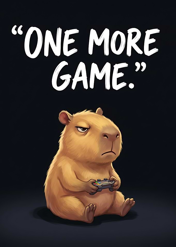 Funny Grumpy Capybara Gamer 'One More Game' Gaming Room Wall Art