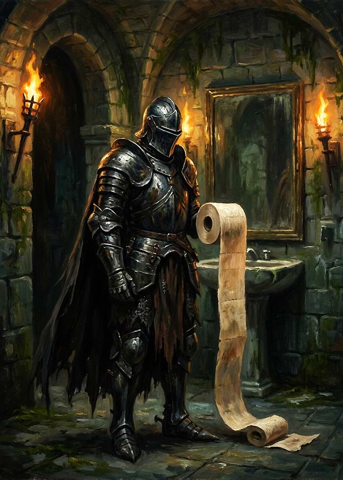 Knight with Toilet Paper in Dungeon