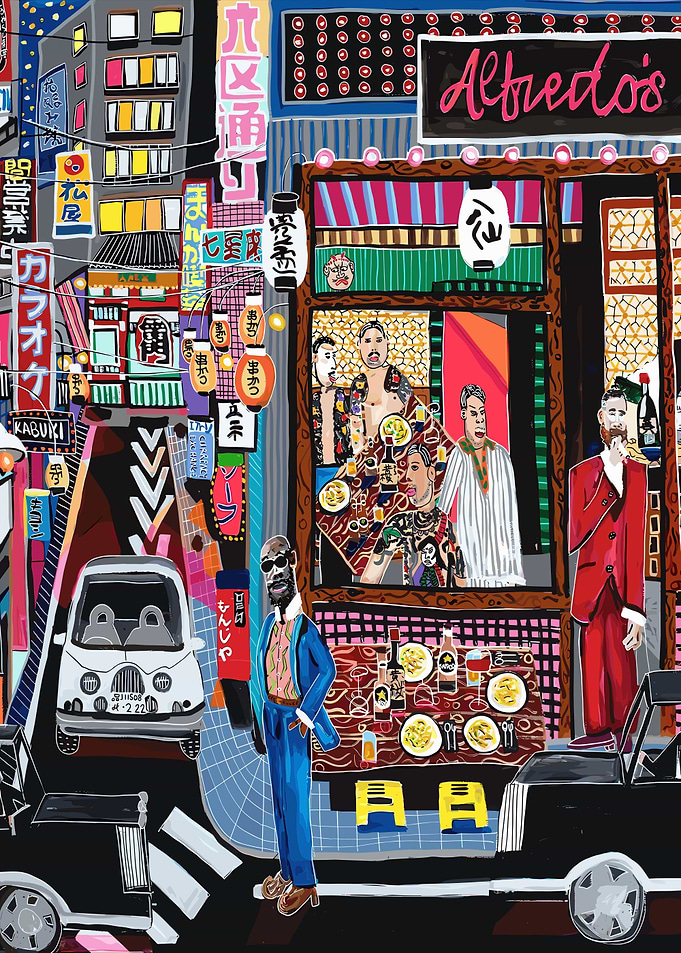 Vibrant Tokyo Street Scene with Alfredo's Restaurant