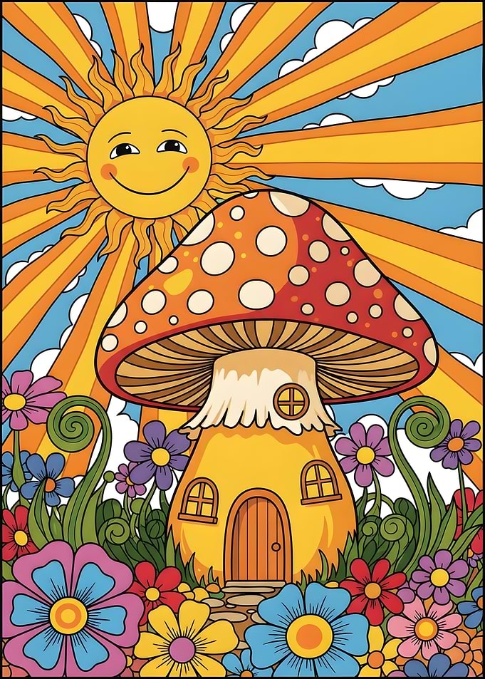 Psychedelic Mushroom House and Sun