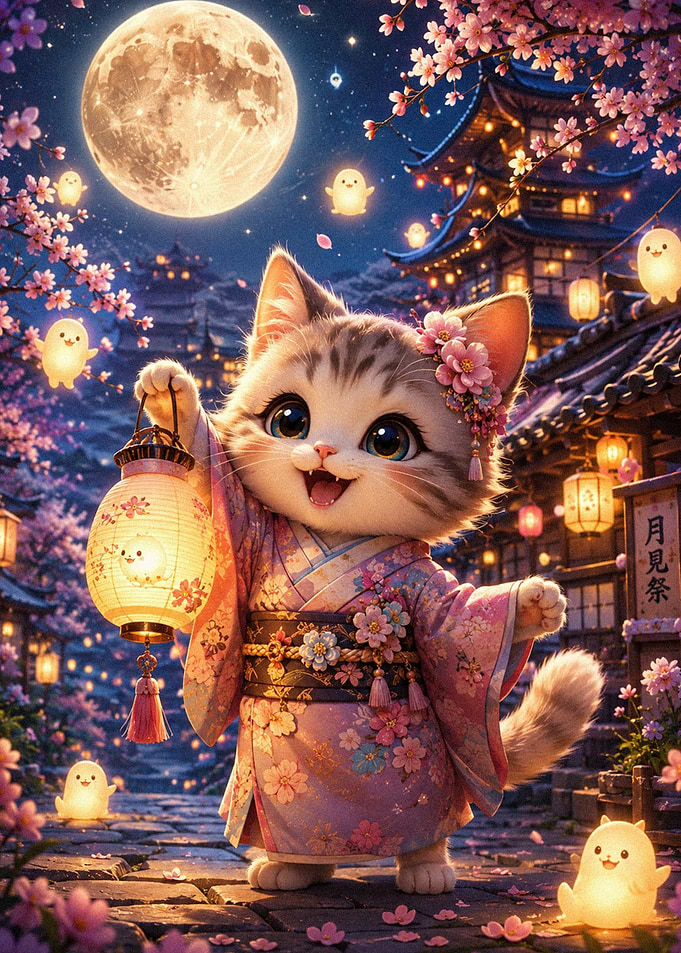 Cute Cat in Kimono with Lantern