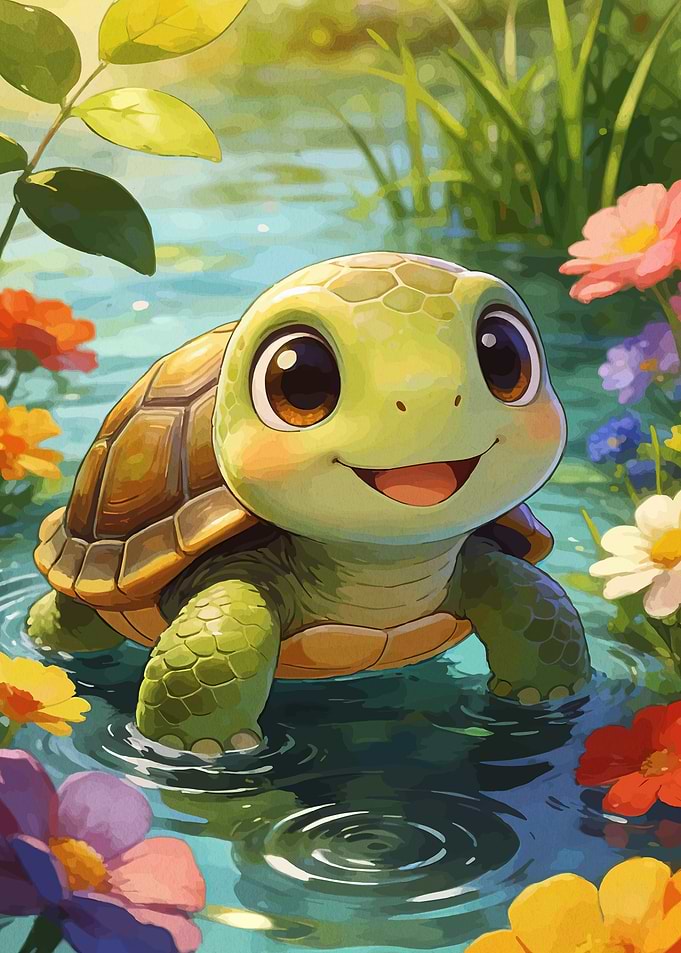 Cute Cartoon Turtle in Flowers
