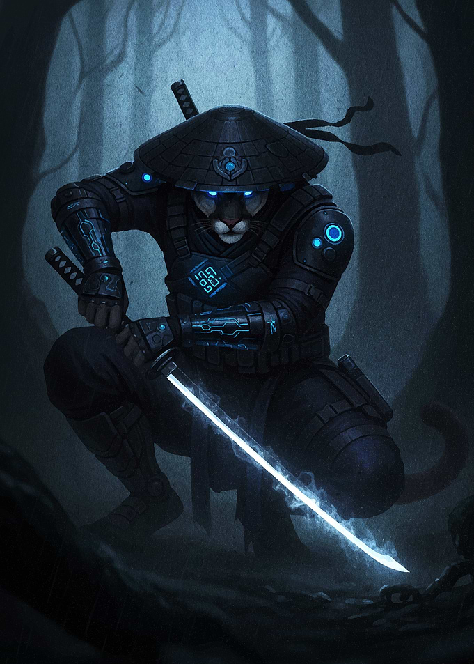 Cyberpunk Cat Ninja with Glowing Sword