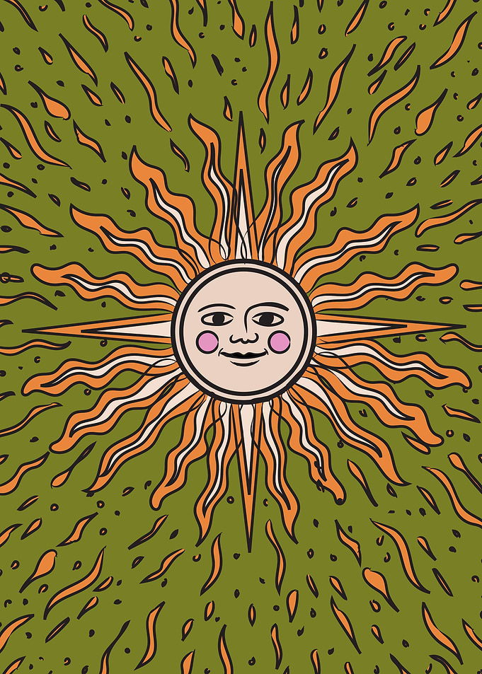 Retro Sun with Face and Flames