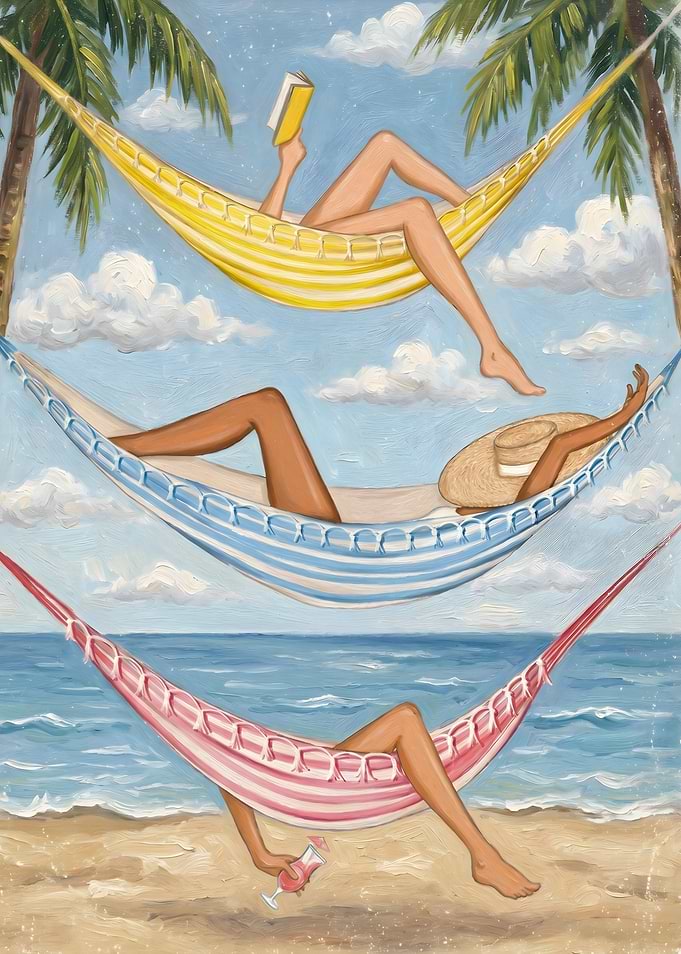 Women relaxing in hammocks by the beach