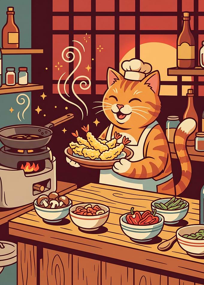 Chef Cat Cooking Shrimp Tempura