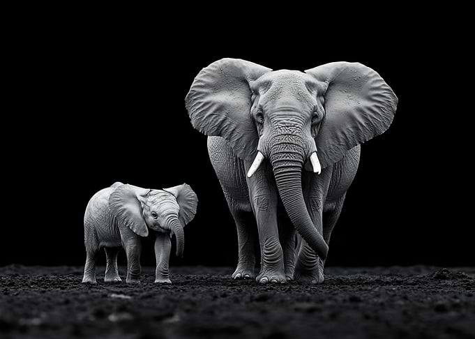 Mother and baby elephant in black and white