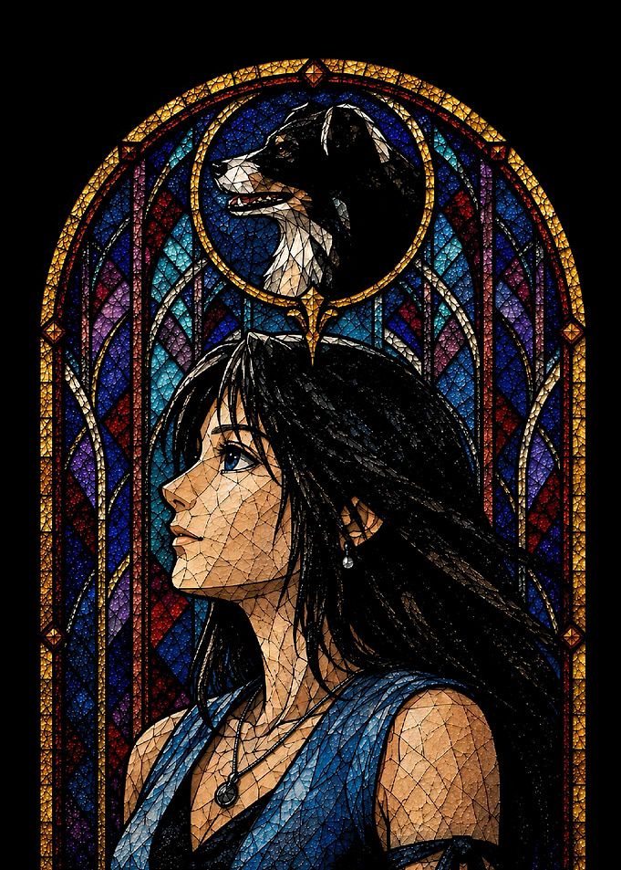 Anime Girl and Dog in Stained Glass