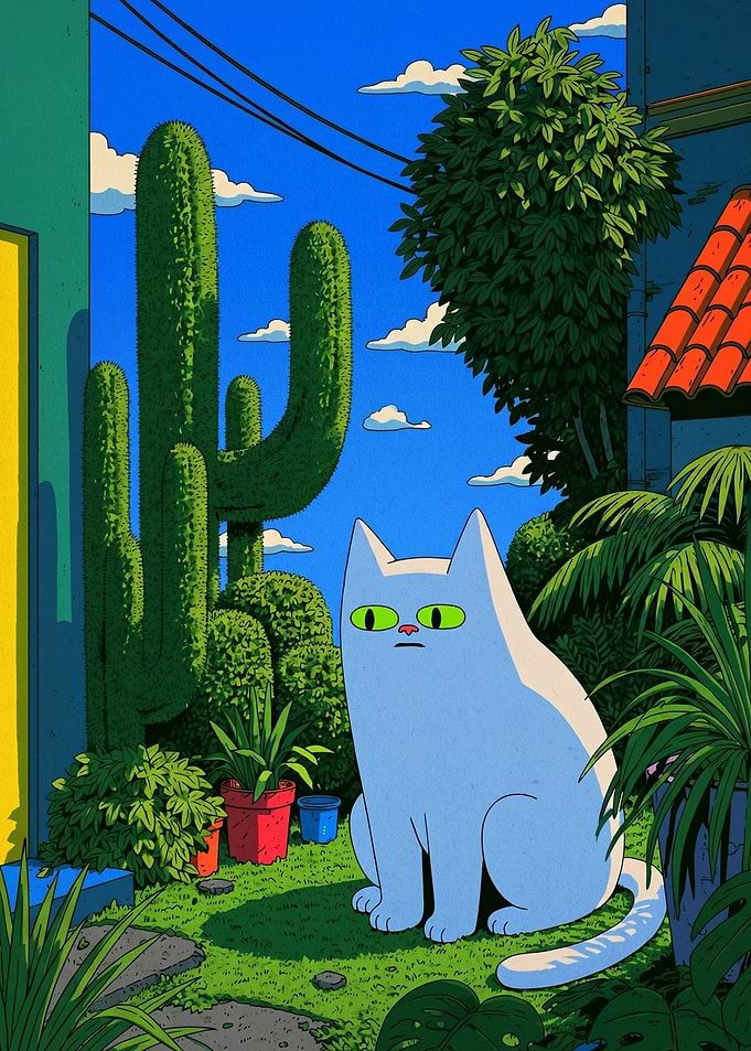 White Cat in a Desert Garden