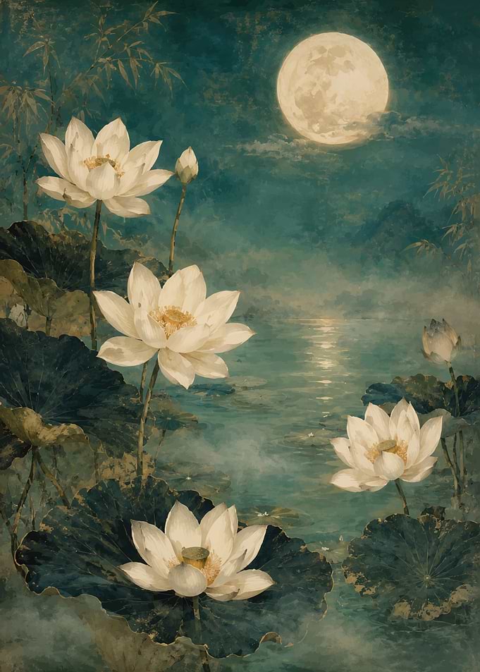 Moonlit Lotus Pond Painting