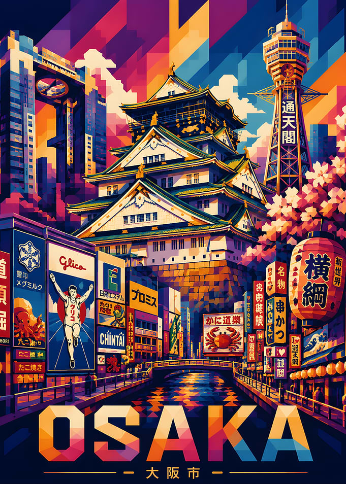 Vibrant Osaka: A Stylized Cityscape of Tradition and Modernity