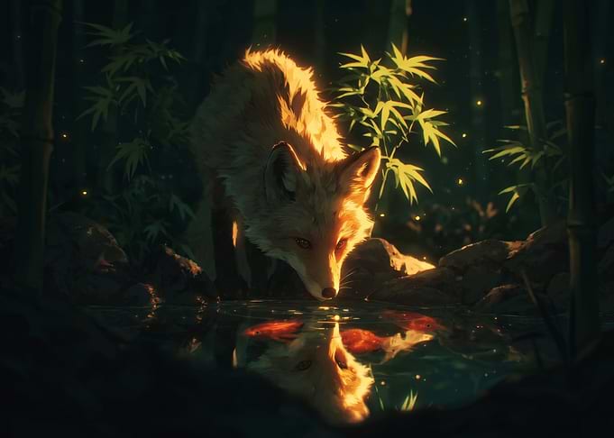 Fox drinking from a pond with koi fish